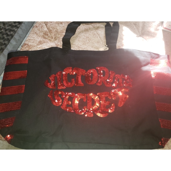 Victoria's Secret Handbags - Victoria's Secret Red Sequin Lips Black Tote Bag